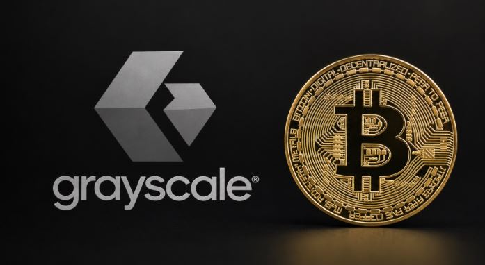 Logo de Grayscale junto a una moneda física de bitcoin.