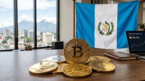 Bitcoin y criptomonedas junto a la bandera de Guatemala y una laptop sobre un escritorio.