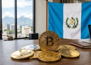 Bitcoin y criptomonedas junto a la bandera de Guatemala y una laptop sobre un escritorio.