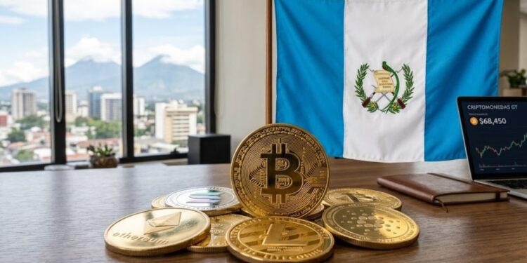 Bitcoin y criptomonedas junto a la bandera de Guatemala y una laptop sobre un escritorio.
