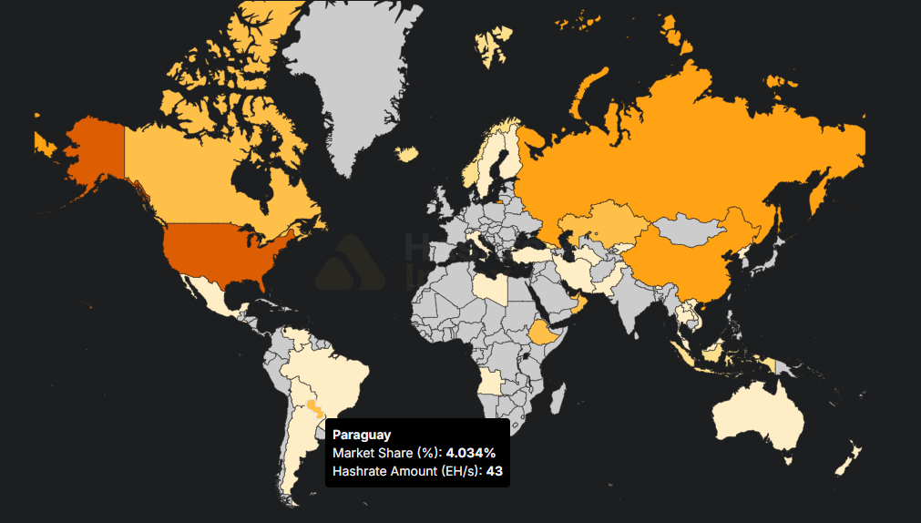 Imagen de un mapa de calor que refleja la cantidad de poder de procesamiento que los mineros de cada país aportan a Bitcoin.