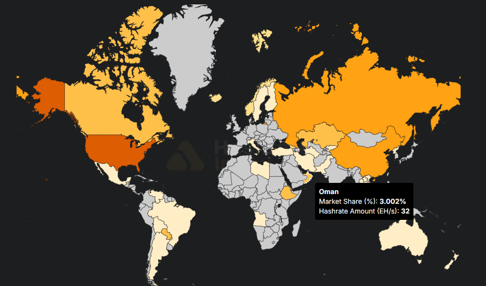 Mapa de calor del hashrate aportado por los mineros de distintos países a la red Bitcoin.