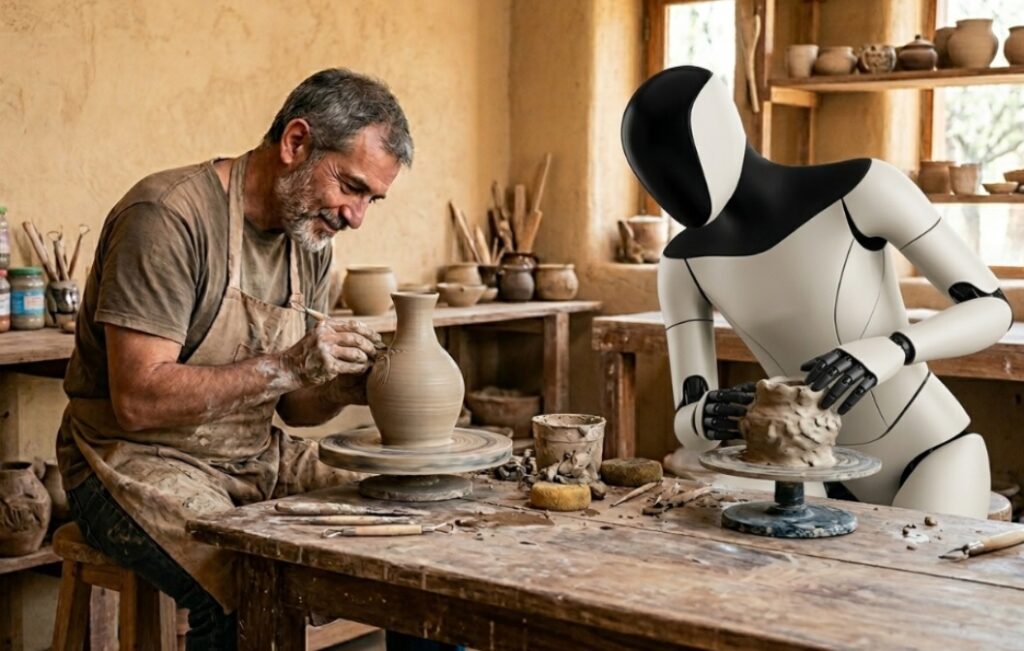 Un humano creando y robot humanoide aprendiendo.