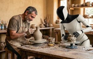 Un humano creando y robot humanoide aprendiendo.