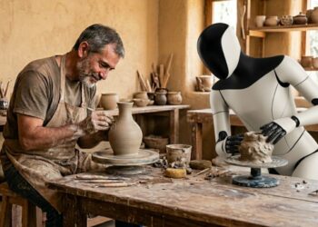 Un humano creando y robot humanoide aprendiendo.