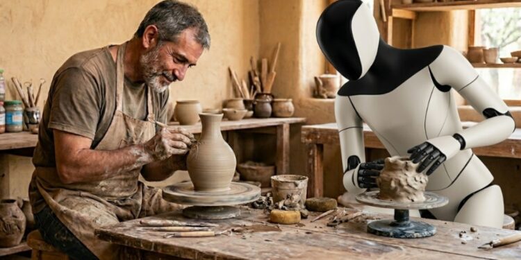 Un humano creando y robot humanoide aprendiendo.
