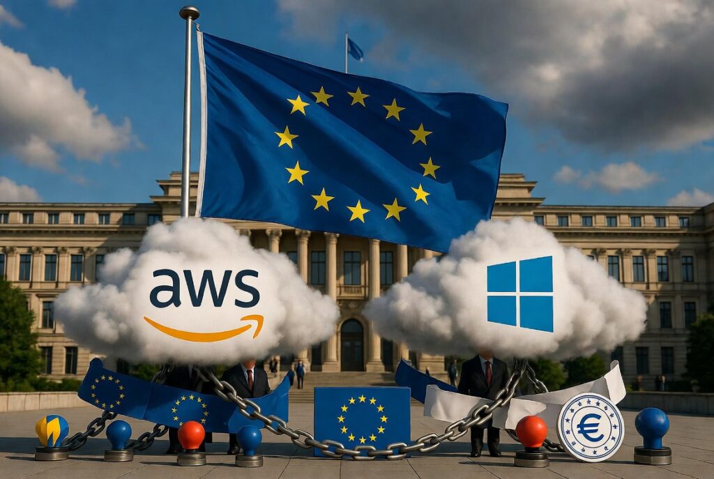 Bandera de la UE ondeando grande. Nubes digitales con logos AWS y Azure envueltas en cadenas y cinta roja burocrática. Funcionarios UE regulando, frente al Parlamento Europeo en Bruselas. Estilo fotorealista, dramático.