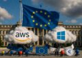 Bandera de la UE ondeando grande. Nubes digitales con logos AWS y Azure envueltas en cadenas y cinta roja burocrática. Funcionarios UE regulando, frente al Parlamento Europeo en Bruselas. Estilo fotorealista, dramático.