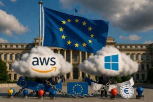 Bandera de la UE ondeando grande. Nubes digitales con logos AWS y Azure envueltas en cadenas y cinta roja burocrática. Funcionarios UE regulando, frente al Parlamento Europeo en Bruselas. Estilo fotorealista, dramático.