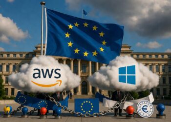 Bandera de la UE ondeando grande. Nubes digitales con logos AWS y Azure envueltas en cadenas y cinta roja burocrática. Funcionarios UE regulando, frente al Parlamento Europeo en Bruselas. Estilo fotorealista, dramático.
