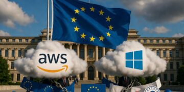 Bandera de la UE ondeando grande. Nubes digitales con logos AWS y Azure envueltas en cadenas y cinta roja burocrática. Funcionarios UE regulando, frente al Parlamento Europeo en Bruselas. Estilo fotorealista, dramático.