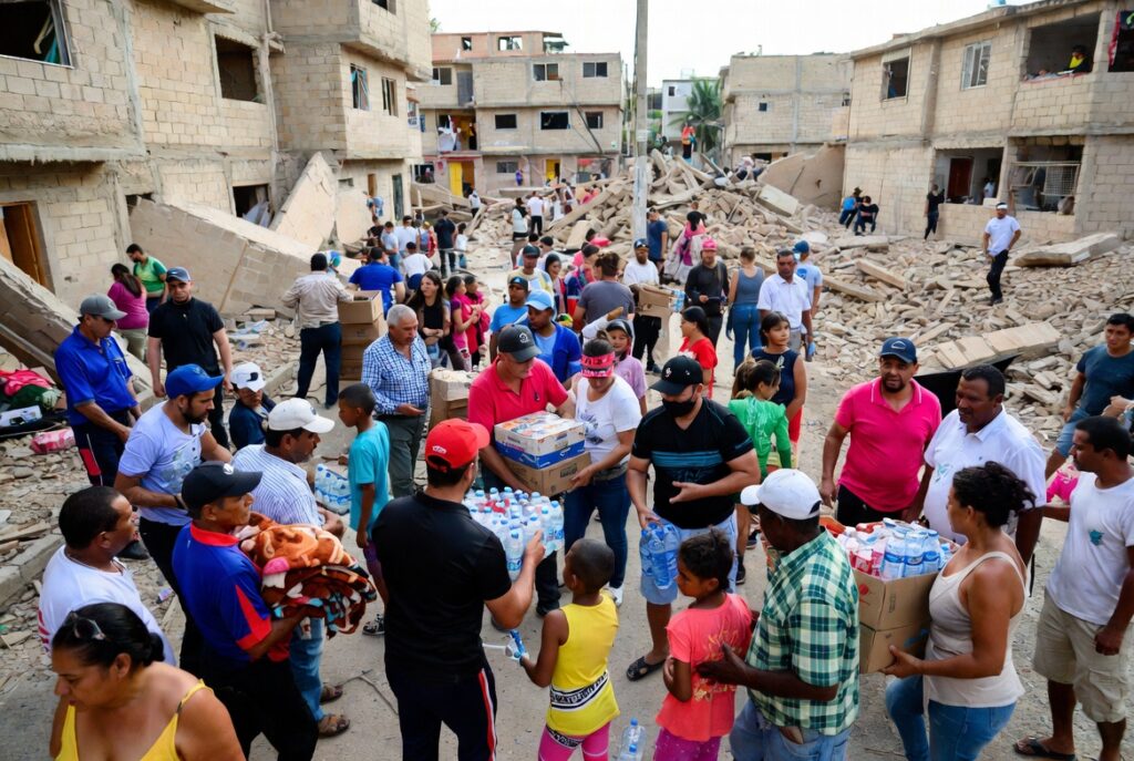 Imagen horizontal realista estilo fotográfico. Escena neutral de ayuda humanitaria tras terremoto en Venezuela: edificios colapsados, escombros, voluntarios comunitarios distribuyendo comida, agua y mantas a familias afectadas en una calle urbana.