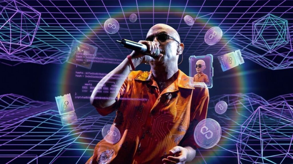 El Indio Solari cantando en un entorno digital y futurista rodeado de elementos NFT