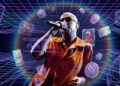 El Indio Solari cantando en un entorno digital y futurista rodeado de elementos NFT