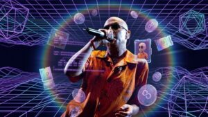 El Indio Solari cantando en un entorno digital y futurista rodeado de elementos NFT