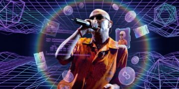 El Indio Solari cantando en un entorno digital y futurista rodeado de elementos NFT