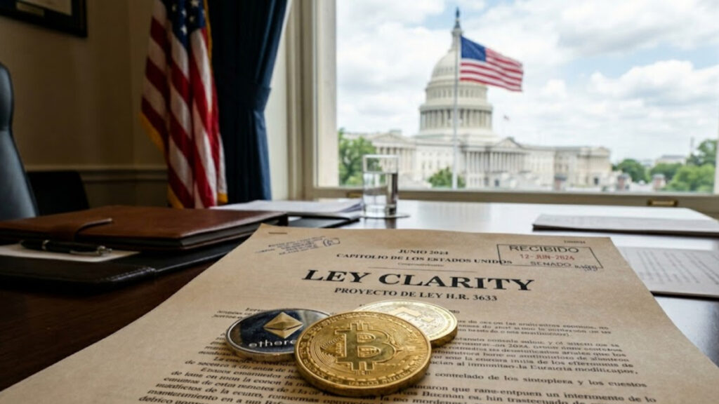 Criptomonedas sobre un documento legislativo que dice "ley Clarity", con la bandera de EE. UU. en el fondo y el Capitolio.