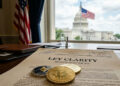 Criptomonedas sobre un documento legislativo que dice "ley Clarity", con la bandera de EE. UU. en el fondo y el Capitolio.