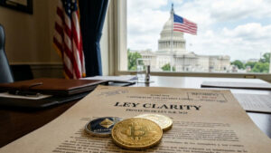 Criptomonedas sobre un documento legislativo que dice "ley Clarity", con la bandera de EE. UU. en el fondo y el Capitolio.