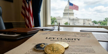 Criptomonedas sobre un documento legislativo que dice "ley Clarity", con la bandera de EE. UU. en el fondo y el Capitolio.