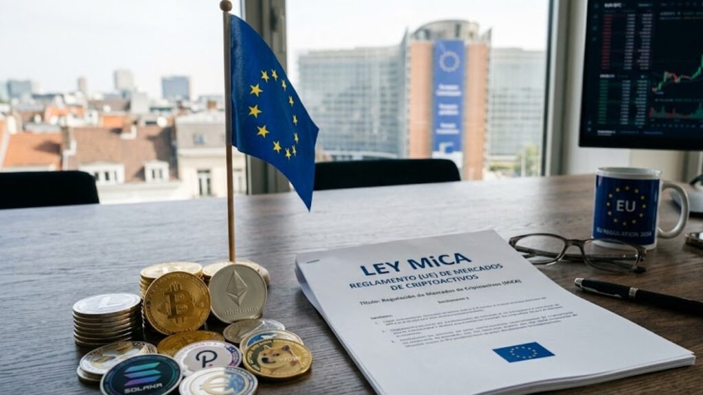 Distintas criptomonedas con la bandera de la UE y un documento que dice Ley MiCA.