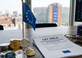 Distintas criptomonedas con la bandera de la UE y un documento que dice Ley MiCA.