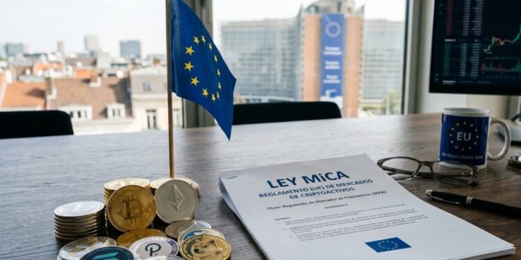 Distintas criptomonedas con la bandera de la UE y un documento que dice Ley MiCA.