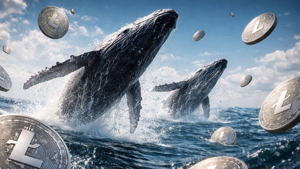 Dos ballenas emergen del mar en un salto, rodeadas de monedas de LTC flotando en el aire.