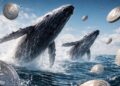 Dos ballenas emergen del mar en un salto, rodeadas de monedas de LTC flotando en el aire.