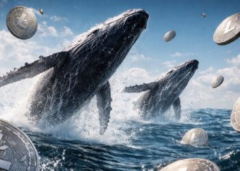 Dos ballenas emergen del mar en un salto, rodeadas de monedas de LTC flotando en el aire.
