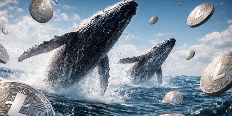 Dos ballenas emergen del mar en un salto, rodeadas de monedas de LTC flotando en el aire.