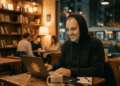 Imagen generada con inteligencia artificial que muestra a Manuel Adorni encapuchado con una computadora con el logo de bitcoin y una taza que dice "Satorni".