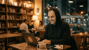 Imagen generada con inteligencia artificial que muestra a Manuel Adorni encapuchado con una computadora con el logo de bitcoin y una taza que dice "Satorni".