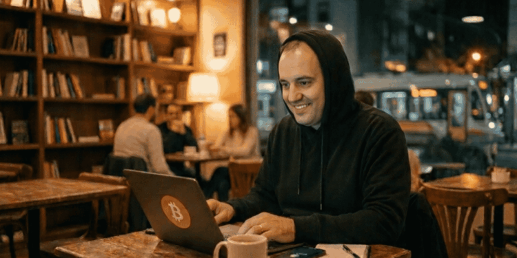 Imagen generada con inteligencia artificial que muestra a Manuel Adorni encapuchado con una computadora con el logo de bitcoin y una taza que dice "Satorni".