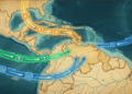 Mapa de Venezuela con monedas de bitcoin, USDC y USDT yendo hacia el país.