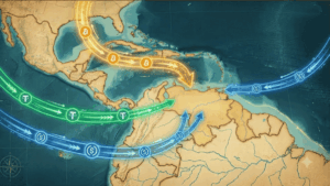 Mapa de Venezuela con monedas de bitcoin, USDC y USDT yendo hacia el país.