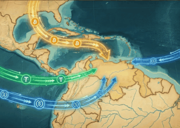 Mapa de Venezuela con monedas de bitcoin, USDC y USDT yendo hacia el país.