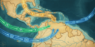 Mapa de Venezuela con monedas de bitcoin, USDC y USDT yendo hacia el país.