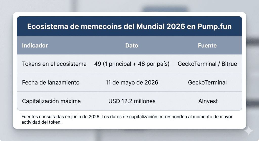 Tabla con tres columnas: Indicador, Dato y Fuente. Fila 1: Tokens en el ecosistema, 49 (1 principal + 48 por país), GeckoTerminal / Bitrue. Fila 2: Fecha de lanzamiento, 11 de mayo de 2026, GeckoTerminal. Fila 3: Capitalización máxima, USD 12,2 millones, AInvest. Título de la tabla: Ecosistema de memecoins del Mundial 2026 en Pump.fun.