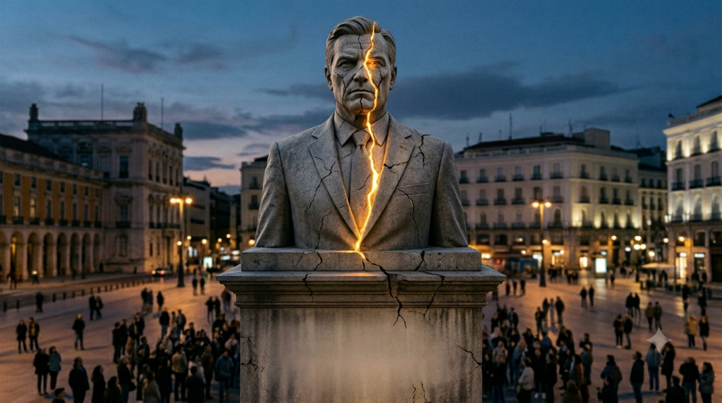 El ídolo que se resquebraja (mi recomendación para el titular) Busto o estatua monumental de estilo clásico, de un hombre de negocios contemporáneo en traje, iluminado como un monumento de plaza pública. Una grieta fina recorre el rostro y el pedestal, con pequeños fragmentos desprendiéndose. Detrás, una multitud difuminada de figuras pequeñas que miran hacia arriba. Paleta solemne en grises piedra y azul frío, con un punto de luz cálida dorada filtrándose por la grieta. Composición horizontal 16:9, atmósfera de ocaso. Refleja directamente el epígrafe de Nietzsche y el titular.