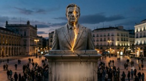 El ídolo que se resquebraja (mi recomendación para el titular) Busto o estatua monumental de estilo clásico, de un hombre de negocios contemporáneo en traje, iluminado como un monumento de plaza pública. Una grieta fina recorre el rostro y el pedestal, con pequeños fragmentos desprendiéndose. Detrás, una multitud difuminada de figuras pequeñas que miran hacia arriba. Paleta solemne en grises piedra y azul frío, con un punto de luz cálida dorada filtrándose por la grieta. Composición horizontal 16:9, atmósfera de ocaso. Refleja directamente el epígrafe de Nietzsche y el titular.