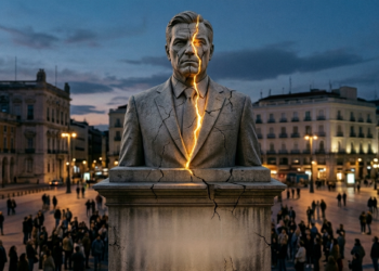 El ídolo que se resquebraja (mi recomendación para el titular) Busto o estatua monumental de estilo clásico, de un hombre de negocios contemporáneo en traje, iluminado como un monumento de plaza pública. Una grieta fina recorre el rostro y el pedestal, con pequeños fragmentos desprendiéndose. Detrás, una multitud difuminada de figuras pequeñas que miran hacia arriba. Paleta solemne en grises piedra y azul frío, con un punto de luz cálida dorada filtrándose por la grieta. Composición horizontal 16:9, atmósfera de ocaso. Refleja directamente el epígrafe de Nietzsche y el titular.