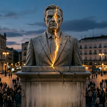 El ídolo que se resquebraja (mi recomendación para el titular) Busto o estatua monumental de estilo clásico, de un hombre de negocios contemporáneo en traje, iluminado como un monumento de plaza pública. Una grieta fina recorre el rostro y el pedestal, con pequeños fragmentos desprendiéndose. Detrás, una multitud difuminada de figuras pequeñas que miran hacia arriba. Paleta solemne en grises piedra y azul frío, con un punto de luz cálida dorada filtrándose por la grieta. Composición horizontal 16:9, atmósfera de ocaso. Refleja directamente el epígrafe de Nietzsche y el titular.