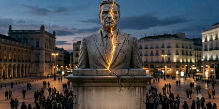 El ídolo que se resquebraja (mi recomendación para el titular) Busto o estatua monumental de estilo clásico, de un hombre de negocios contemporáneo en traje, iluminado como un monumento de plaza pública. Una grieta fina recorre el rostro y el pedestal, con pequeños fragmentos desprendiéndose. Detrás, una multitud difuminada de figuras pequeñas que miran hacia arriba. Paleta solemne en grises piedra y azul frío, con un punto de luz cálida dorada filtrándose por la grieta. Composición horizontal 16:9, atmósfera de ocaso. Refleja directamente el epígrafe de Nietzsche y el titular.