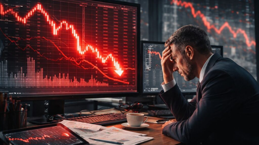 Analista financiero observa gráficos bursátiles en fuerte caída mientras crecen los temores de un inminente crash en los mercados globales.