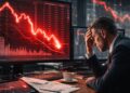 Analista financiero observa gráficos bursátiles en fuerte caída mientras crecen los temores de un inminente crash en los mercados globales.