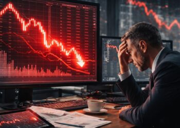 Analista financiero observa gráficos bursátiles en fuerte caída mientras crecen los temores de un inminente crash en los mercados globales.