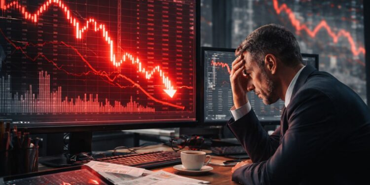 Analista financiero observa gráficos bursátiles en fuerte caída mientras crecen los temores de un inminente crash en los mercados globales.