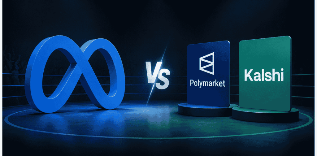 Logos de Polymarket y kalshi compitiendo con Meta.