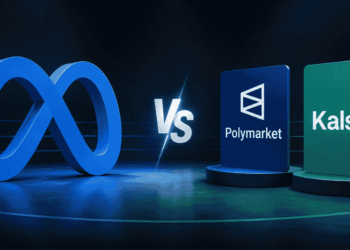 Logos de Polymarket y kalshi compitiendo con Meta.